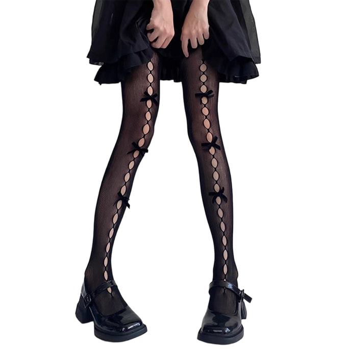 New Ins Sweet Girl Checkered Velvet Handmade Bow Hollow Hole Mesh Socks Black 1 Pair Set