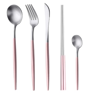 Western Tableware Cutlery Forks Spoons Chopsticks Pink Silver 5 Piece/Set
