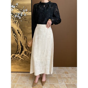 HSPM New Chinese High Waist A-Line Jacquard Half Skirt Apricot (Half Skirt) S