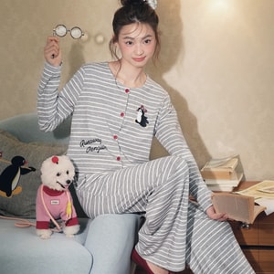 Sweetheart Penguin 100% Cotton Pajamas for Women Long Sleeve Casual Striped Cartoon Loungewear Spring Autumn - Grey Stripes Size M 1 Piece