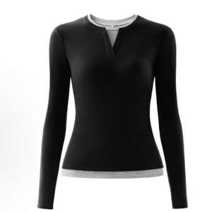 V-Neck Faux Two-Piece Base Layer Top 1pc – Black With Heather Gray Contrast Size M—Skin-Friendly, Slimming Fit