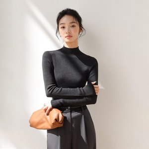 [중국 직배송] HSPM 심리스 하이넥 100% 울 스웨터, 따뜻한 베이스 레이어, 다크 그레이, 사이즈 L