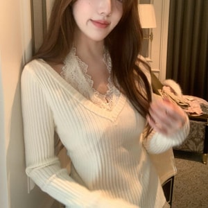 【加拿大直邮】 加拿大 SCENARIO 蕾丝边V领针织上衣-均码-两种颜色 灰色 均码