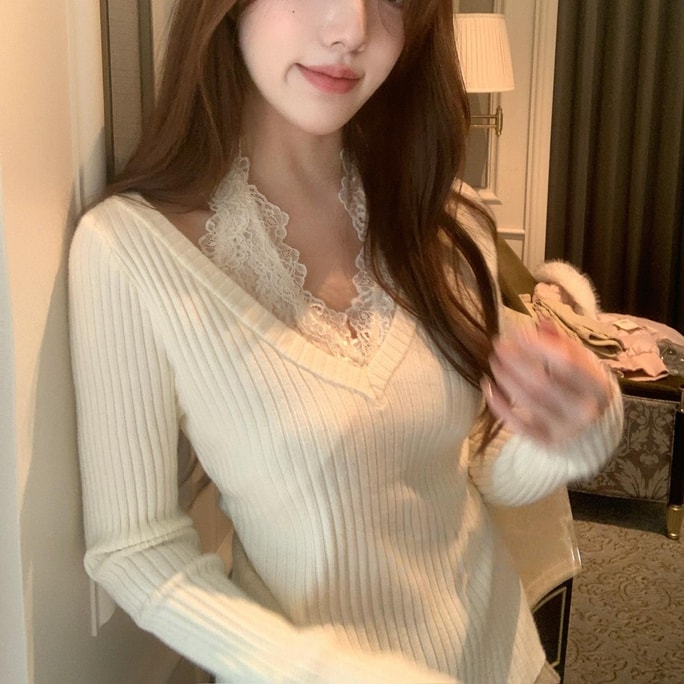 【加拿大直邮】 加拿大 SCENARIO 蕾丝边V领针织上衣-均码-两种颜色 杏色 均码