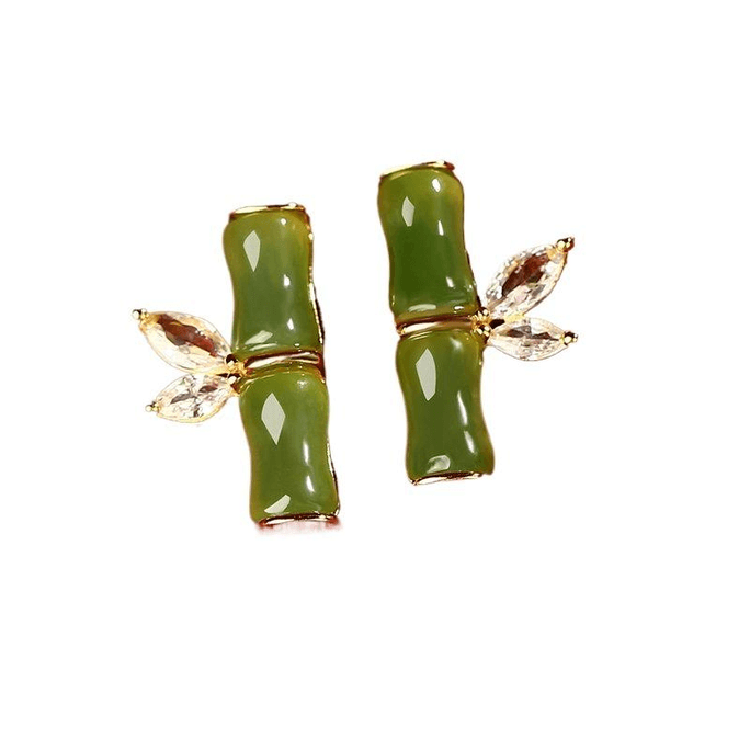 [중국 직배송] 자금성 타오바오 스토어 신상품: 대나무 디자인 허톈 옥 귀걸이 (녹옥), 엄선된 고급 천연 허톈 옥, 16*9.2mm