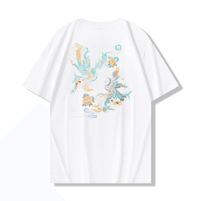 Chinese Style Summer Men Phoenix Embroiderd Loose Short Sleeve T Shirt White L