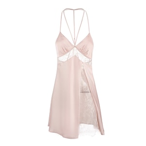 Lace Patchwork Slip Dress for Women, Sexy Lingerie Nightdress, Feminine Spaghetti Strap Chemise Sleepwear, Soft Intimate Mini Dress, Cherry Blush, Size M