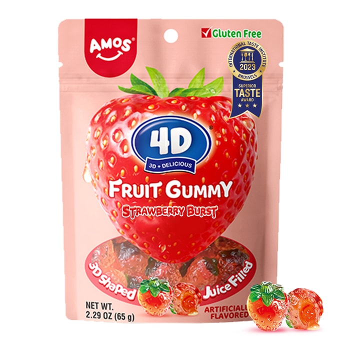 Amos 4D Gummy Strawberry Candy Fruit Snacks Gummies Soft and Chewy Cupcake Topper 2.29Oz Per Bag
