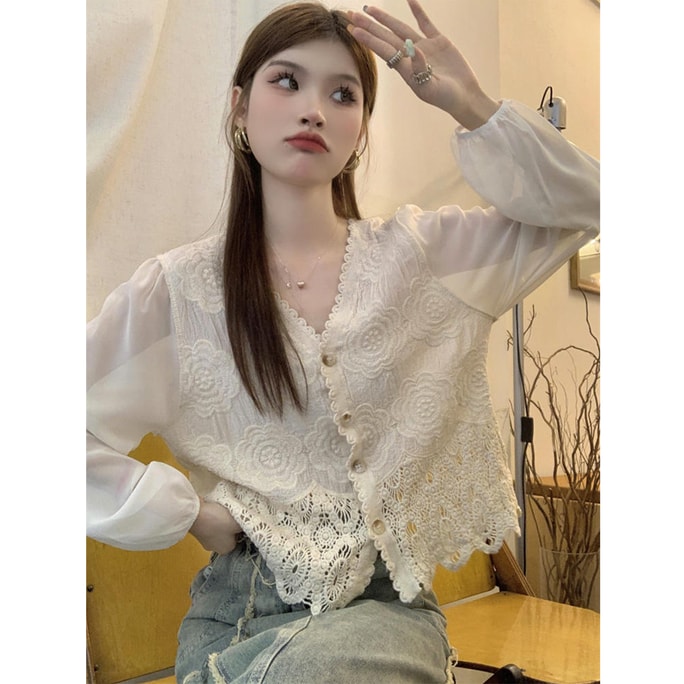 HSPM New French Vintage Gentle Hooked V-neck Long Sleeved Shirt Apricot Large Flowers M