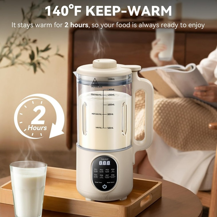 44オンス豆乳メーカー、8in1豆乳ブレンダー、タイマーと自動洗浄機能付き、送料無料。自家製豆乳、アーモンドミルク、オーツミルク、ココナッツミルク、その他の植物性乳製品不使用飲料が作れます。タイマー予約機能、自動洗浄機能、電子レシピ付き。 6