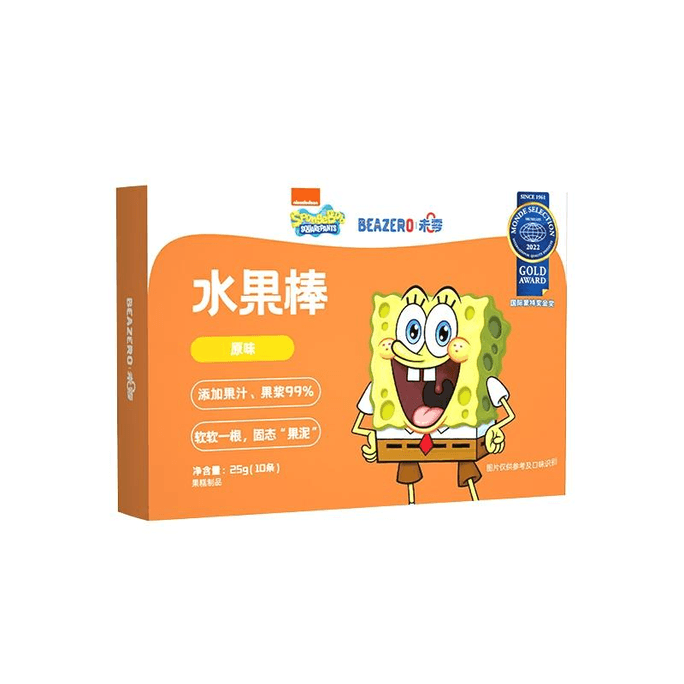【中国直邮】未零海绵宝宝原味水果棒儿童零食水果条添加果肉条10条25g*1盒
