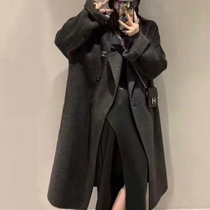 Double Breasted Loose Double-Sided Wool Coat Jacket Black S