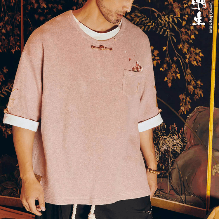 Chinese Peach Blossom Embroidered Print Retro Button Short Sleeve