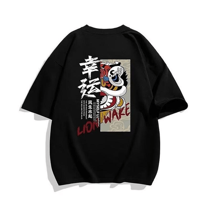 Chinese Style Mens XINYUN Text Print Loose Short Sleeve T Shirt Black L