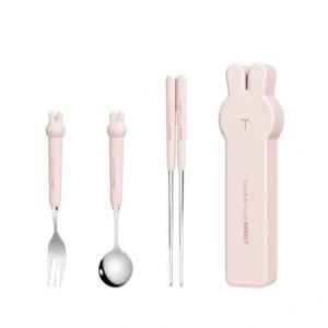 Stainless Steel Spoons, Forks And Chopsticks. Pink Rabbit Set Of 3 Pieces Of Chopsticks.