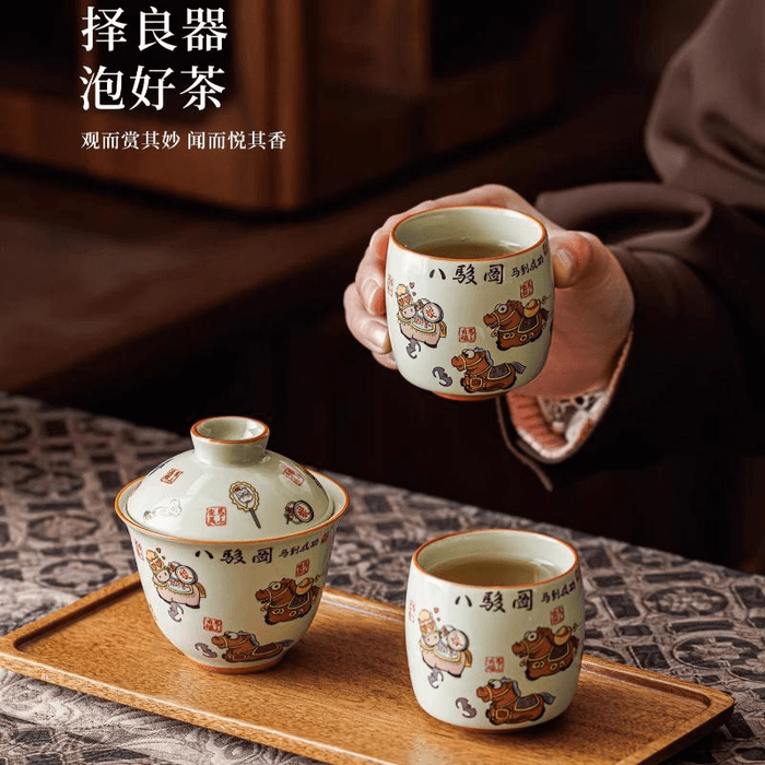 中国からの直送】一品銭銭堂八馬陶器製ティーポットトラベルティー