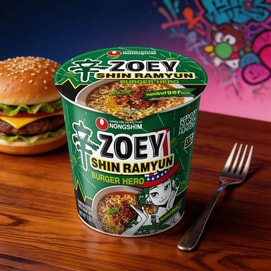 K-POP デーモンハンターズ 辛ラーメン バーガーヒーロー インスタントカップ麺 ハンバーガー味 3.35オンス【ゾーイ限定版】