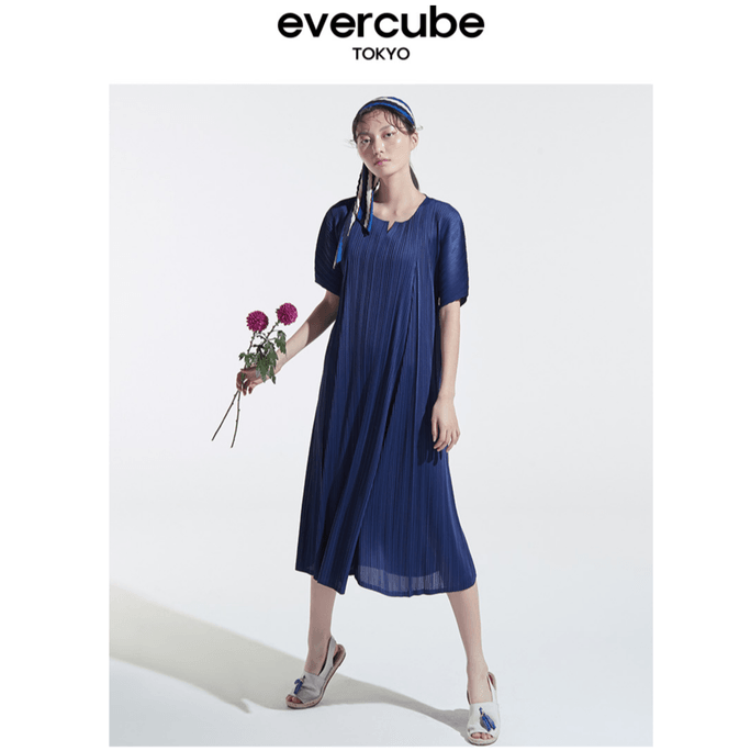 Evercube Pleated A-Line Dress  Navy 1Pc