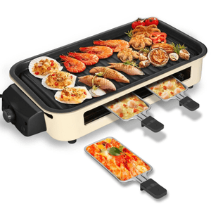  Electric Indoor Grill 1500W, 2 in 1 Smokeless Indoor Grills with Non-stick Removable Grill & Griddle Plate, Temperature Control, Portable Korean BBQ Grill with 3 Raclette Cheese Pans