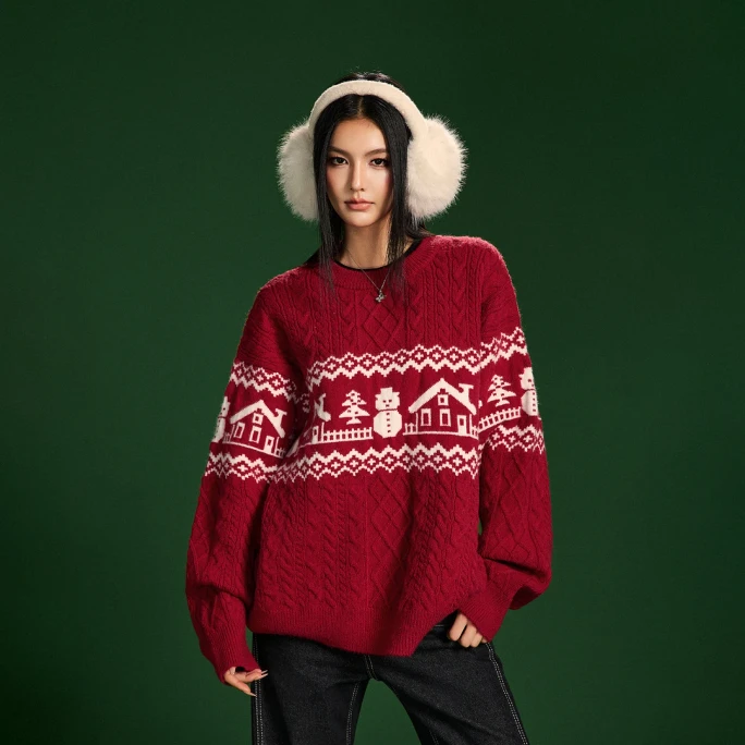 【中国直送】 Aibomai ワインレッド フェアアイルセーター Sサイズ【クリスマスホリデー雰囲気】雪だるま小屋レトロジャカード ゆったり慵懶ケーブルニット クルーネックドロップショルダーで痩せ見え ふわふわ暖かく肌触り抜群 マフラーイヤーマフと合わせて冬を越す クリスマスパーティー年越し集まり必須 学生向け冬コーデ【冬のキャンパスクリスマスユニフォーム】