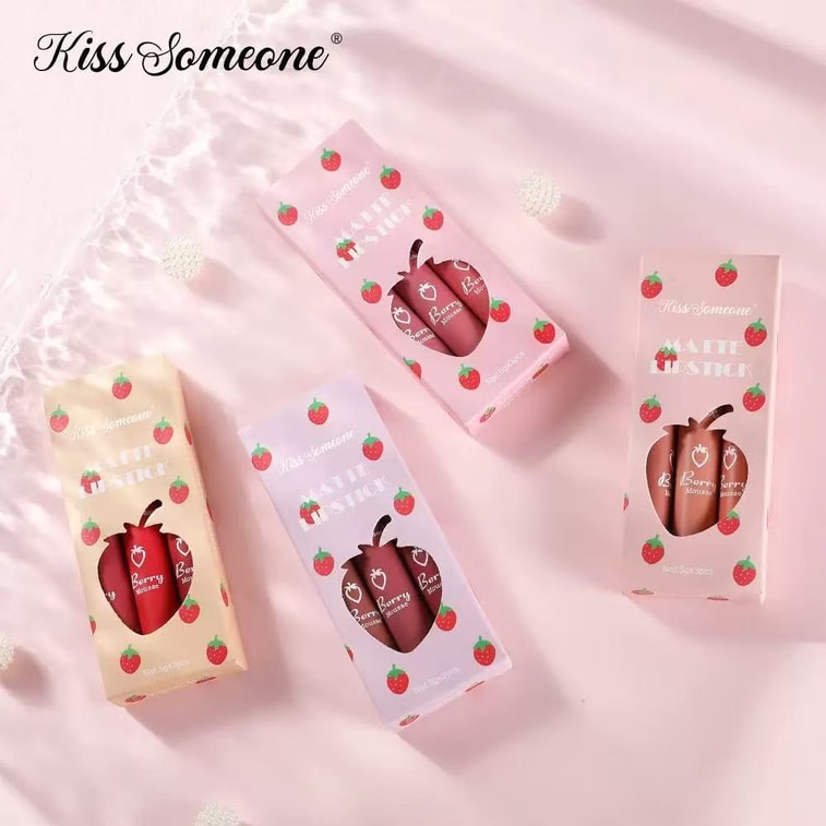 딸기향 립글로스 3종 세트 (3개입) - 벨벳 매트 립글로스/립스틱, 끈적임 없음, 3개입/상자 3