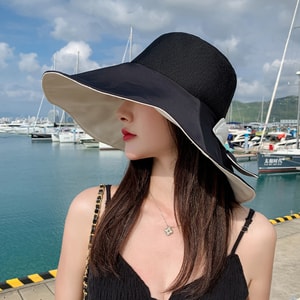 [중국 직배송] HSPM 여성용 신형 와이드챙 썬햇, 여름 자외선 차단, 얇은 얼굴 보호 썬햇, 머리둘레 조절 가능, 블랙, 1개 (F)