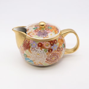 日本 KUTANIYAKI 九谷烧 金花纹 茶壶 12 盎司