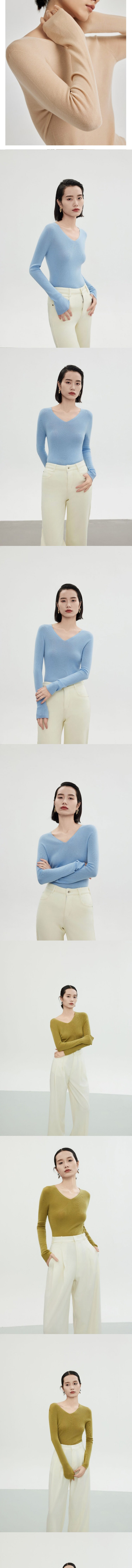 【中国直邮】 HSPM 全羊毛无缝一体V领长袖修身显瘦百搭纯色针织衫 白色 S