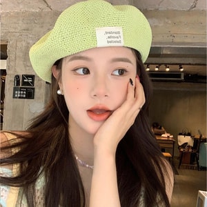 【中国直邮】 HSPM 女款针织镂空透气薄款海边帽子编织画家帽 果绿F 1件