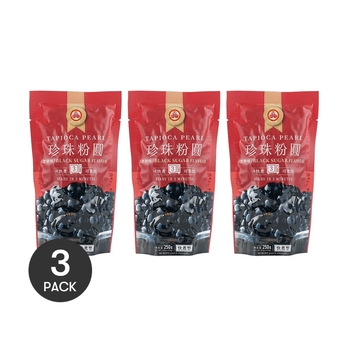 3Packs Boba Tapioca Pearl, Black Sugar Flavor, Ready in 5 Minutes, 8.8 Oz. per Pack