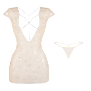 Fun Lingerie Sexy Shiny Floral Dress Nightgown Beige One Size