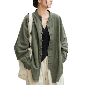 Chinese Style Autumn Winter Ramie Retro Button Loose Cardigan Coat Green Onesize