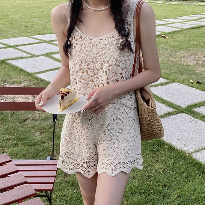 New Bohemian Ethnic Style Hollow Hook Flower Sleeveless Knitted Vest  Apricot M