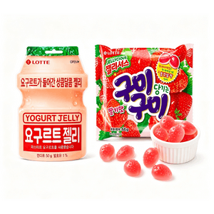 【홍콩 직배송】 한국 롯데 과일 젤리 요구르트맛 딸기맛 듀얼 맛 50g-66g 수입 쫄깃한 과일 맛 캐주얼 사탕 간식