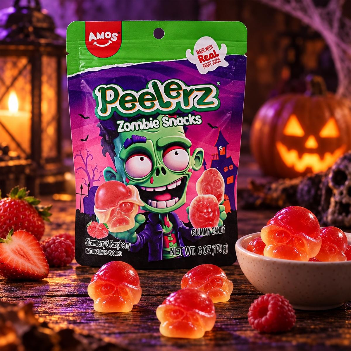 Amos Sweets Peelerz Gummy Zombie Snacks 6.0oz【Real Fruit Juice