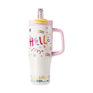 파티용 텀블러 컵 900ml, 사랑스러운 핑크색, 세라믹 코팅, 이중 뚜껑, 빨대 및 직접 음용 기능