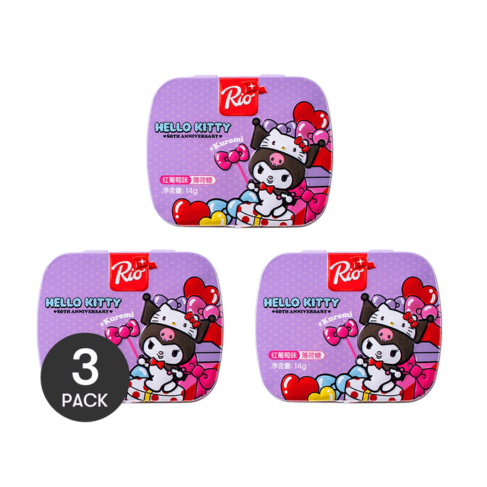 산리오 콜라보레이션 쿠로미 레드 그레이프 민트 캔디, 무설탕, 0.49온스 *3개입【3개입】