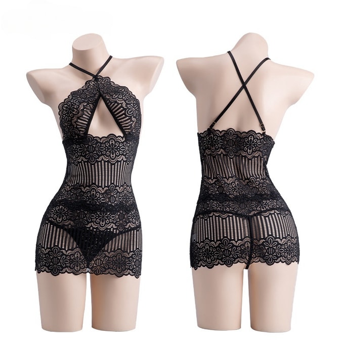 Fun Lingerie Sexy Neck Hanging Lace Suspender Dress Nightgown Black One Size