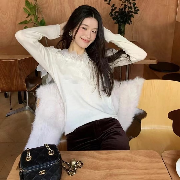 Petal Ruffle Knit Top White One Size - Yami.com