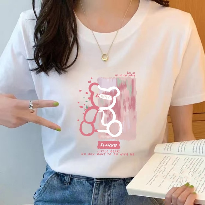 【中国直送】Shedi Bear 新しい韓国風 レディース ピュアコットン 半袖 Tシャツ ピンク ベア M