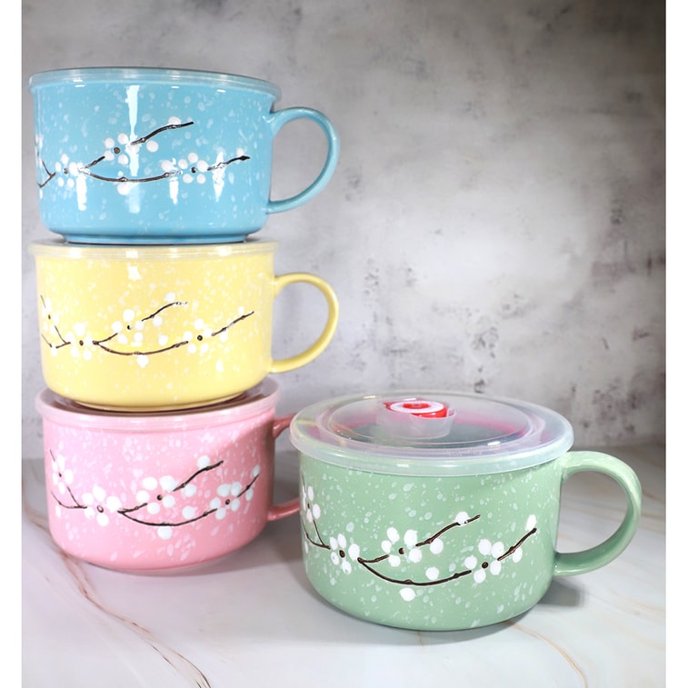 GINKGOHOME Microwavable Ceramic Noodle Bowl with Handle and Seal Sakura Snow Flake Floral Design - Ocean 24oz 6