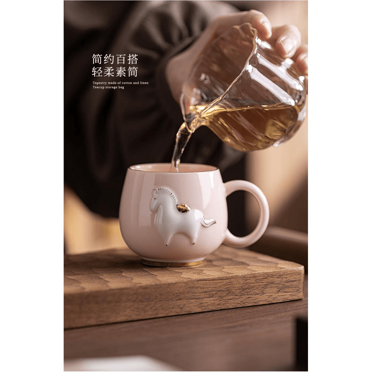中国直邮】 一品仟堂高端浮雕桃粉功夫茶杯马年马上有钱桃粉主人杯(把手
