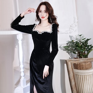 Luxury Niche Party Mini Gown High End Christmas Gathering Outfit Black Velvet Dress Black S