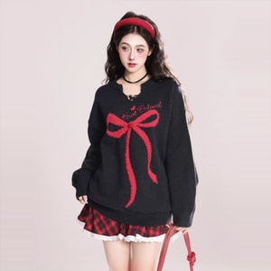 [중국 직배송] HSPM 신상 배색 브이넥 리본 자카드 스웨터 블랙 M