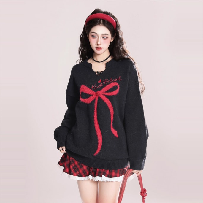 New Color Contrasting V-neck Bow Jacquard Knitted Shirt Black M