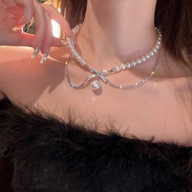 美国 Bella’s Fantasy 公主晚宴 双层蝴蝶结珍珠超闪水钻项链 轻奢设计感锁骨链 银色