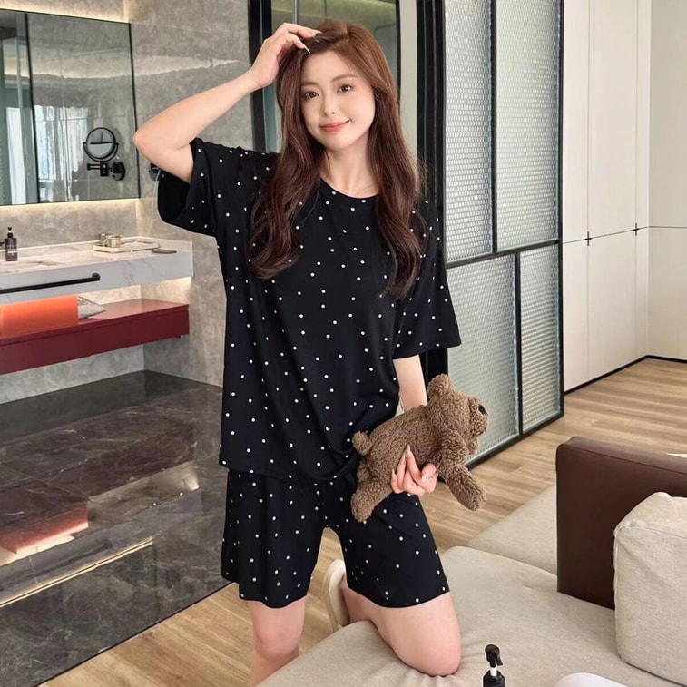 【中国直邮】 HSPM 波点ins风睡衣套装女  短袖短裤两件套家居服  奶茶F 1 套 4