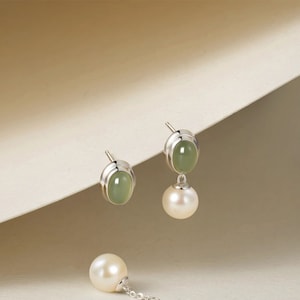 【中国直邮】 周大生 晴玉珍珠耳钉强光珍珠玉石耳饰和田玉耳环日常两戴百搭女款 7-7.5mm正圆珠 一对