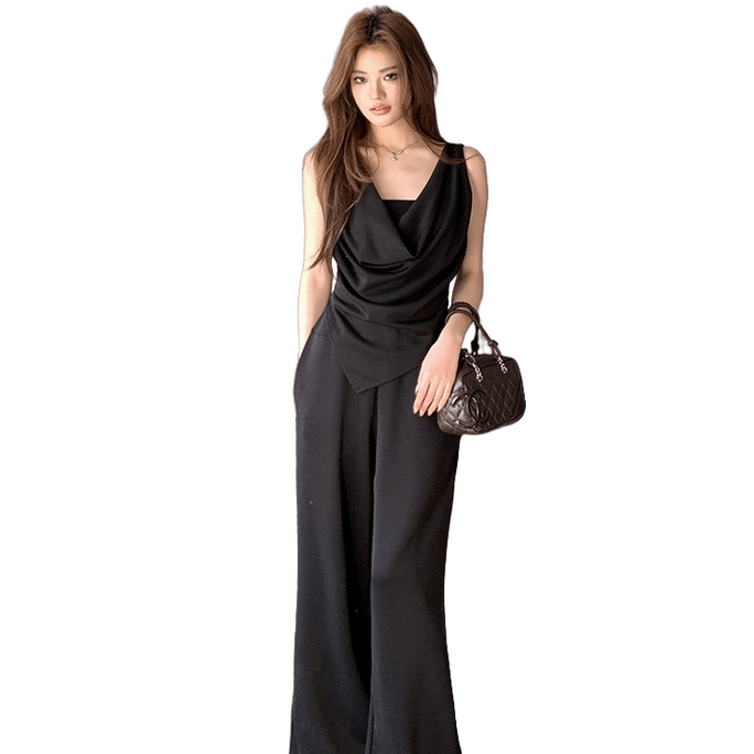 Sleeveless Cami Top with Wide-Leg Pants Set Black S