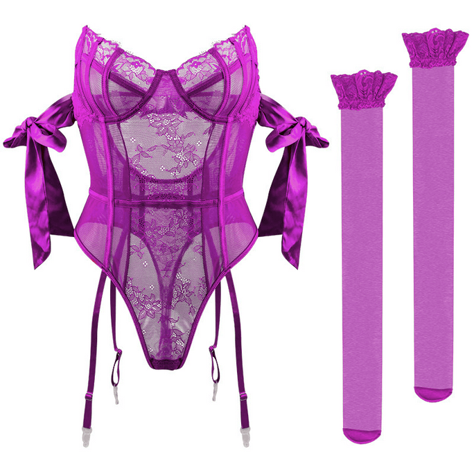 PinklemonLA French Classic Lace Mesh Corset Bodysuits Purple See Through Sensual Sleepwear Sexy Nightgown - Purple